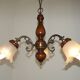 French Mid-Century 3-Light Wood and Bronzed Metal Chandelier with Glass Shades
