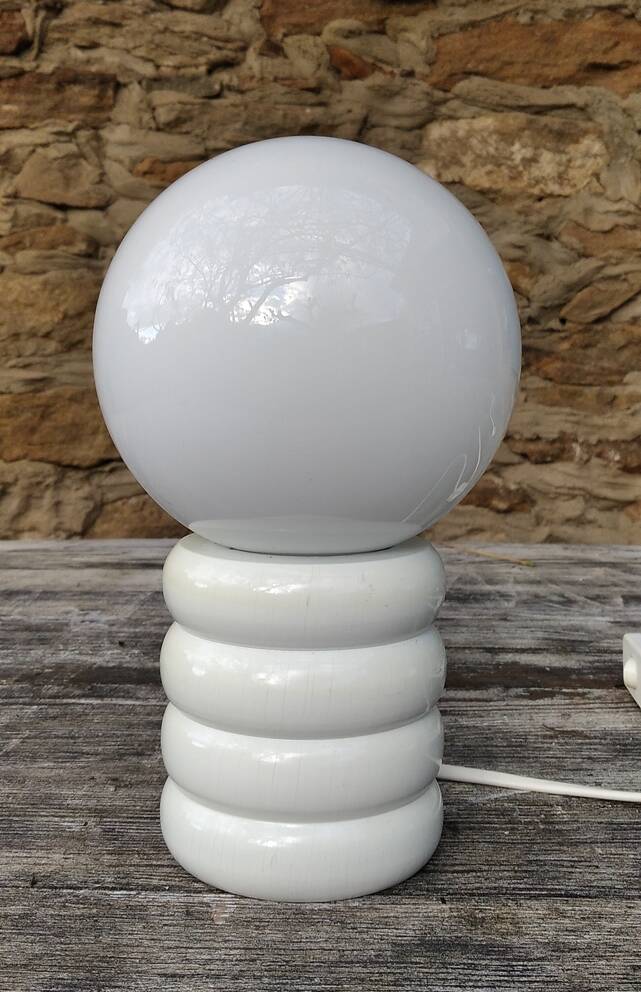70s wood and opaline lamp