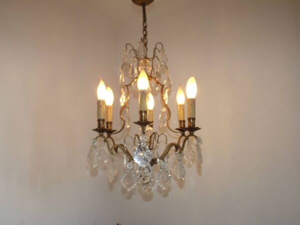 Elegant French Vintage 1940s Brass Glass & Crystal 6 Light Cage Chandelier