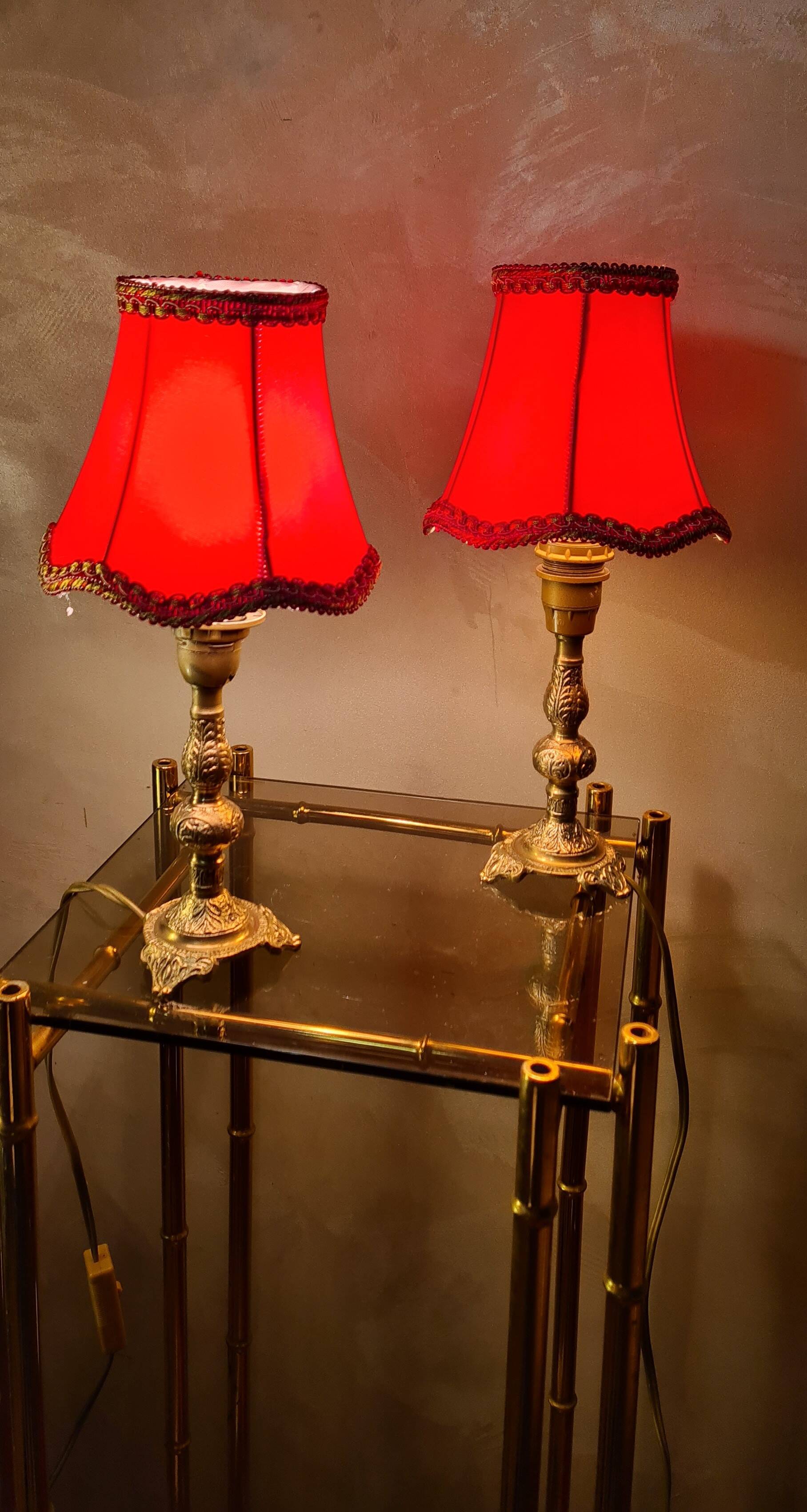 small pair of 70s bronze bedside lamps with red silk style lampshade, double, 29x14