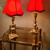 small pair of 70s bronze bedside lamps with red silk style lampshade, double, 29x14