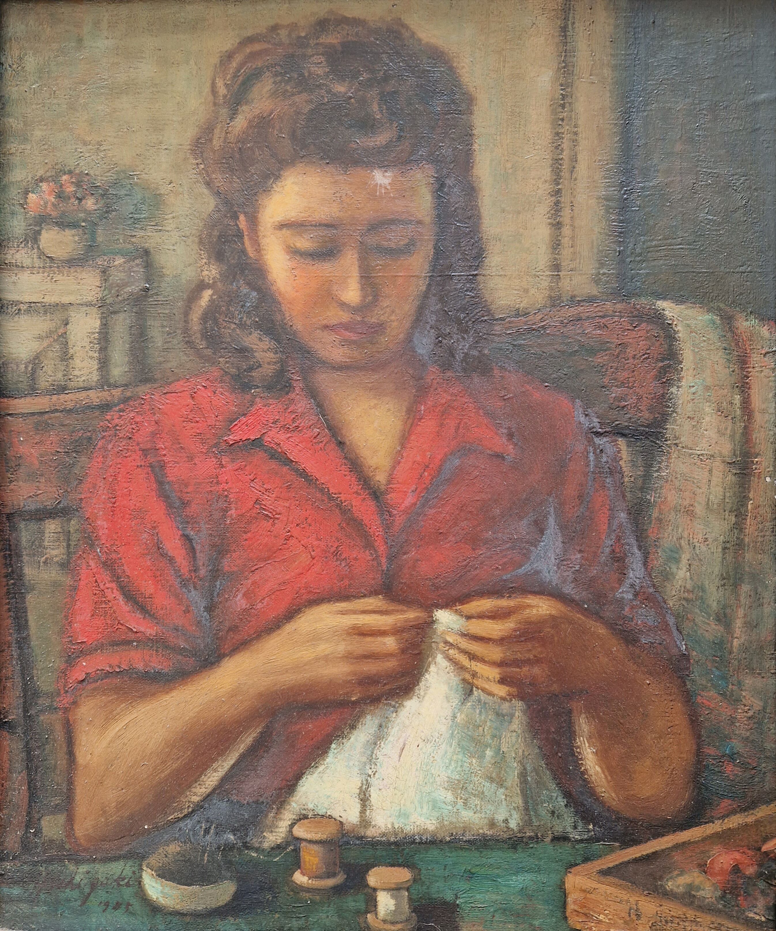Oil painting, Woman who does sewing
