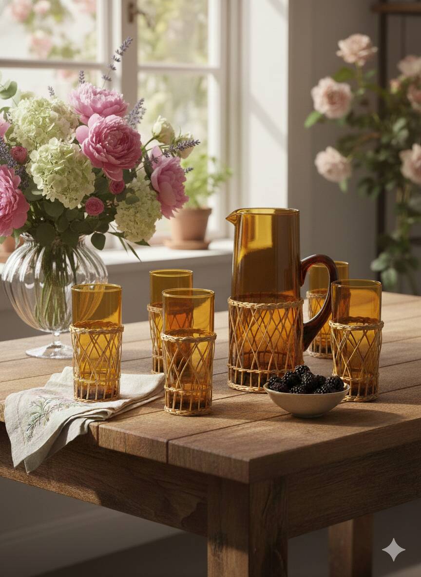 Carafe and 5 glasses set, amber glass and woven wicker, bohemian chic