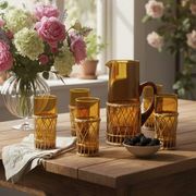 Carafe and 5 glasses set, amber glass and woven wicker, bohemian chic