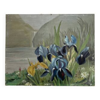Peinture huile sur carton iris au bord de l'eau, début 20eme