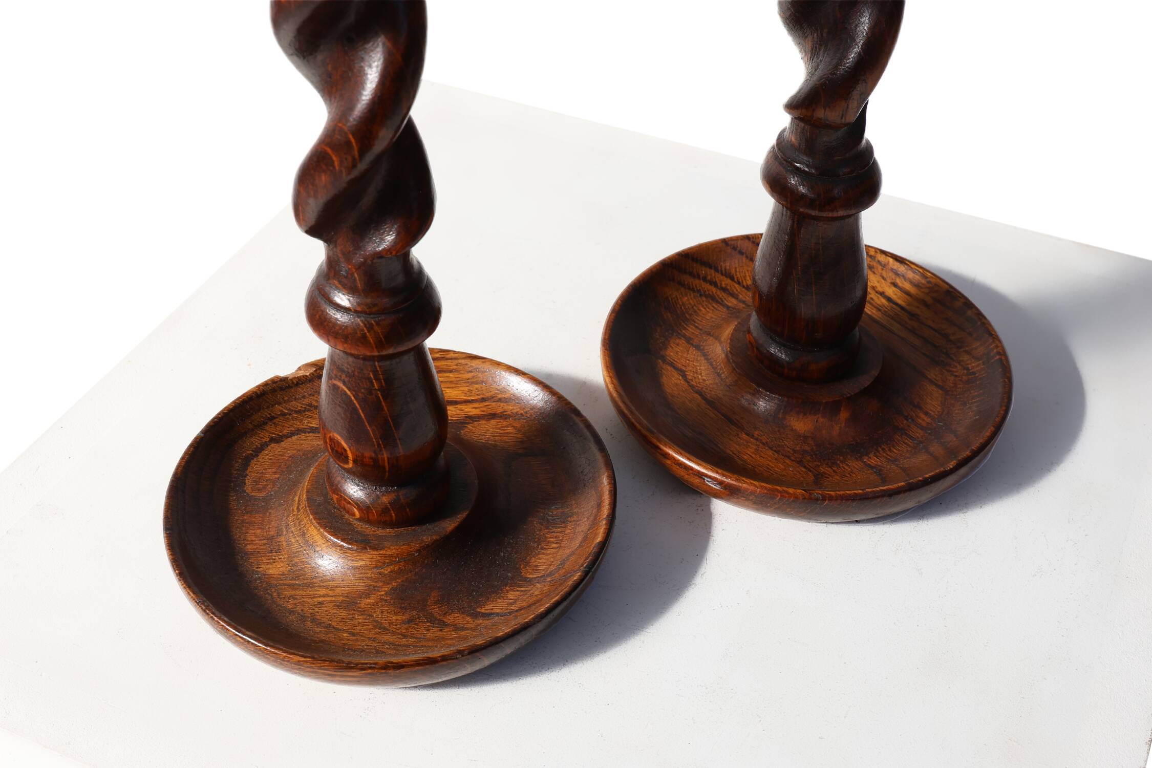 Pair of French Barley Twist candlesticks in wood with silver-plated bobeche