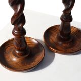 Pair of French Barley Twist candlesticks in wood with silver-plated bobeche
