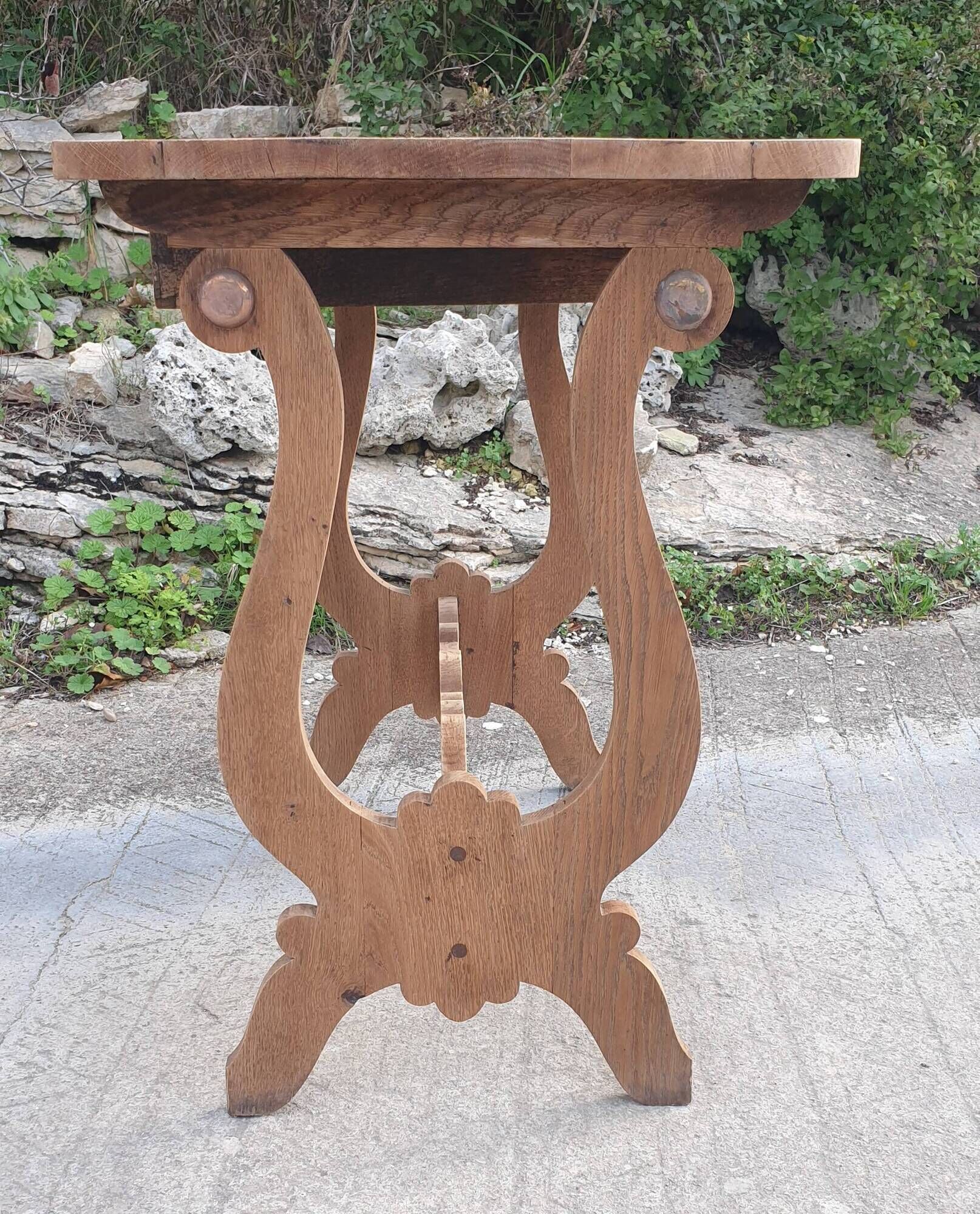 Lyre leg table in natural wood, one drawer, vintage