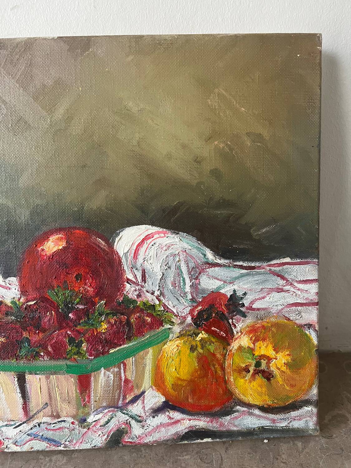 Still life with fruits and strawberries, oil on canvas signed Odile Julien.