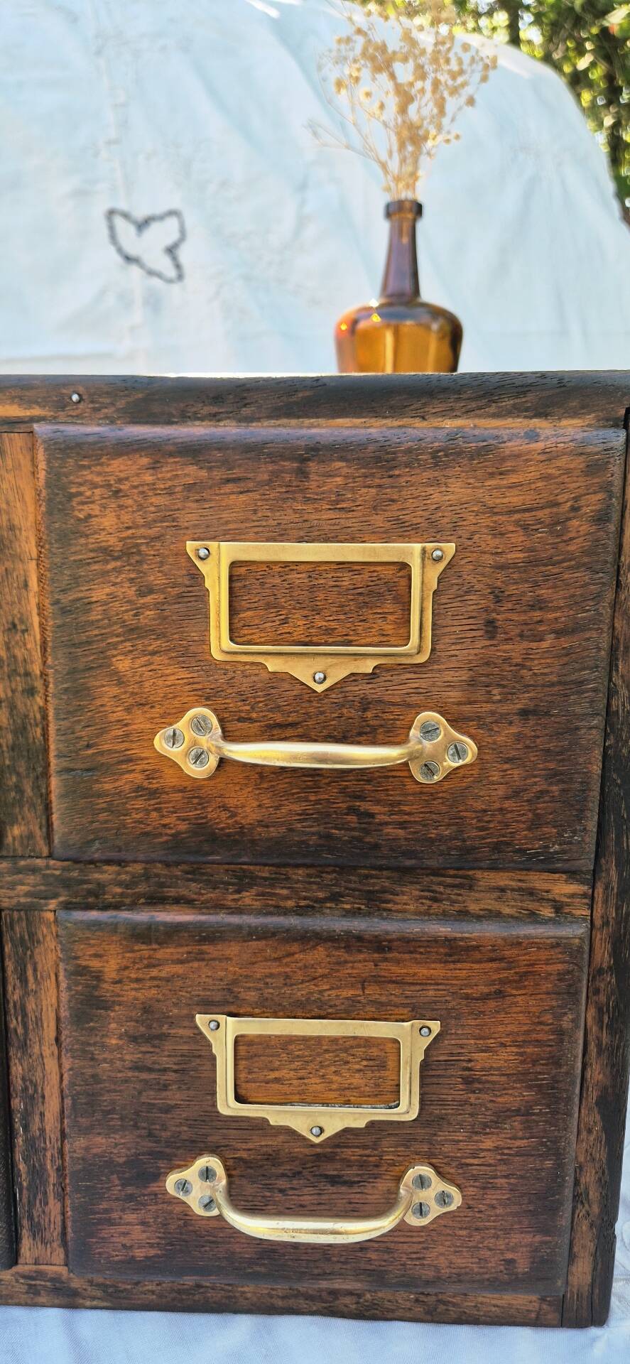 Workshop furniture made of oak and brass.