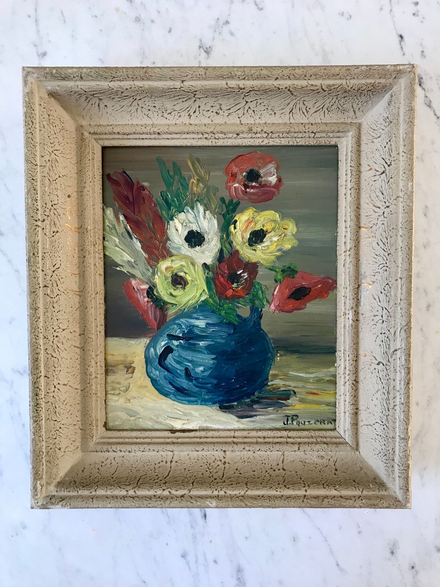 Painting still life bouquet flowers framed 50s