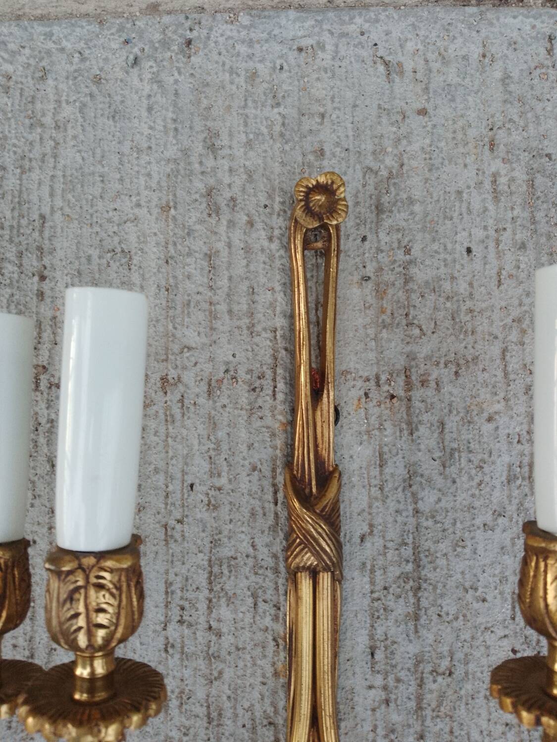 Pair of Louis XVI Style Bronze Wall Lights Forming Knots and Flowers