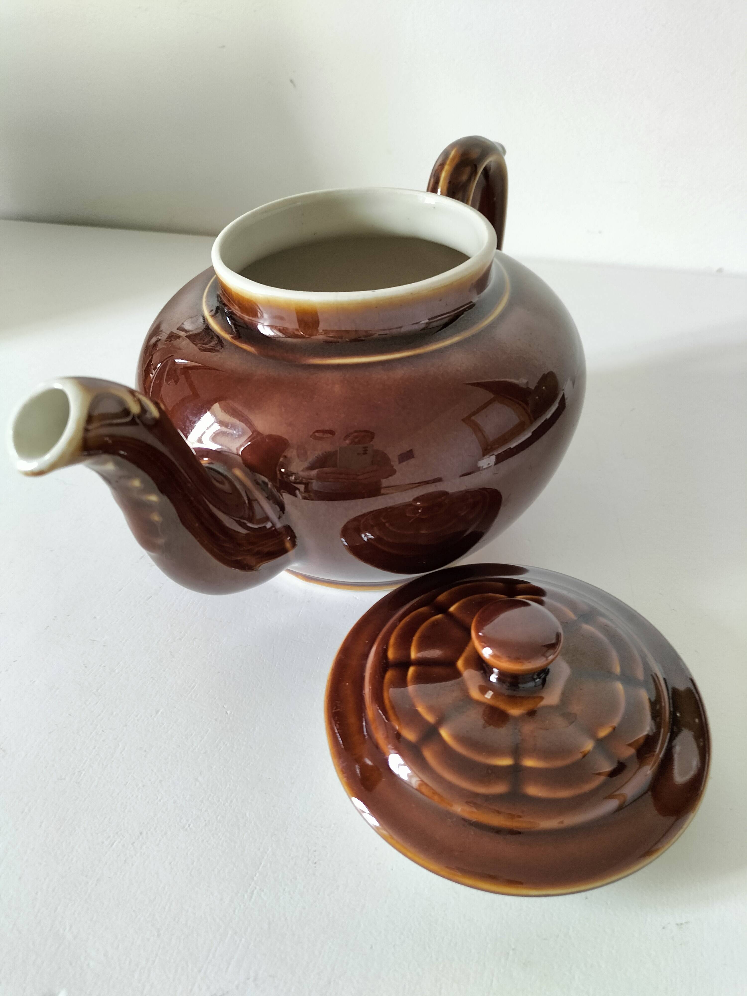 Vintage brown glazed earthenware teapot, mid-century sculptural decor.