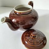Vintage brown glazed earthenware teapot, mid-century sculptural decor.
