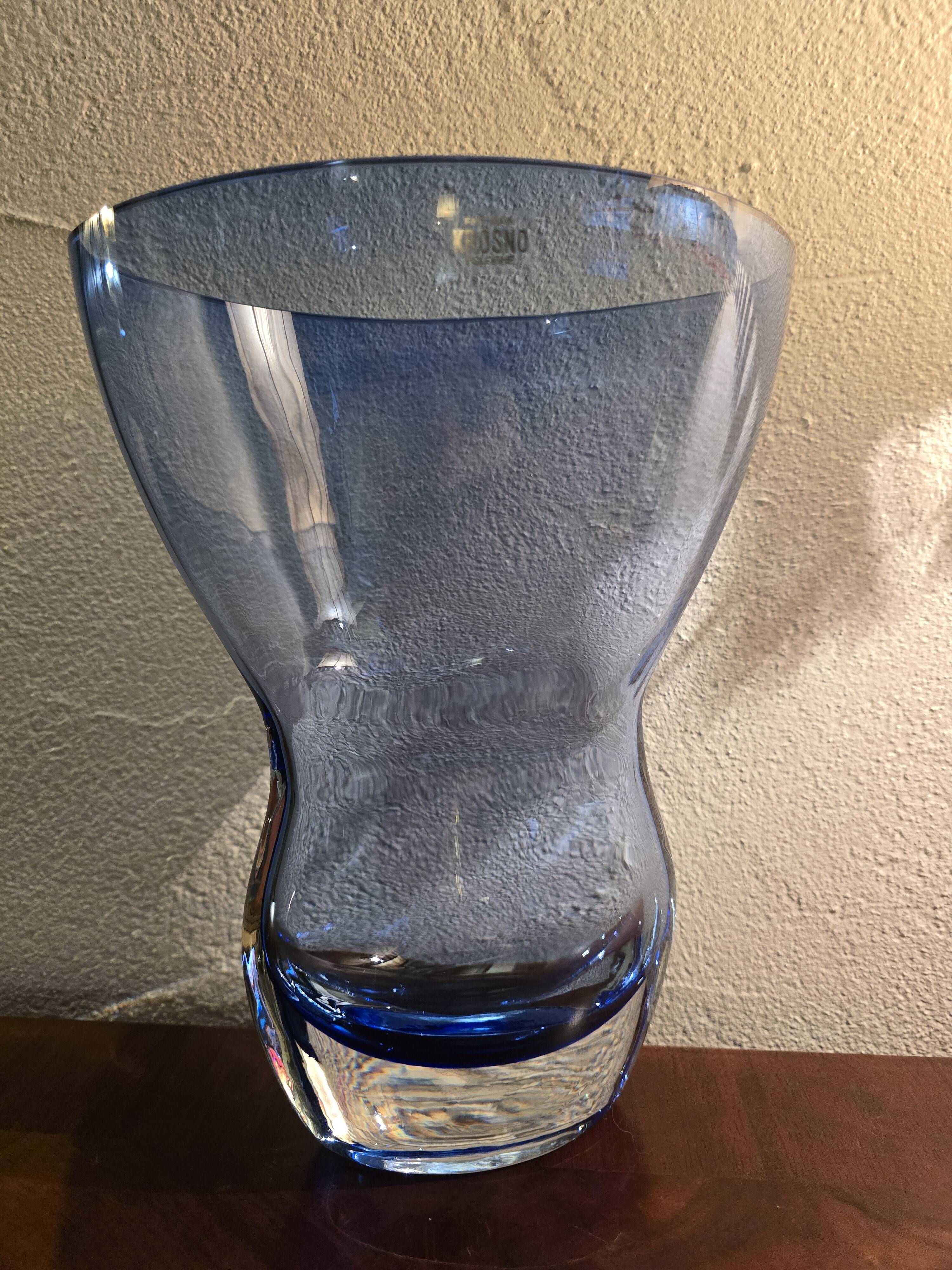 Large krosno vase from poland in blown blue glass, vintage variation.