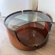 Italian Space Age coffee table in curved wood and smoked glass – 1970s