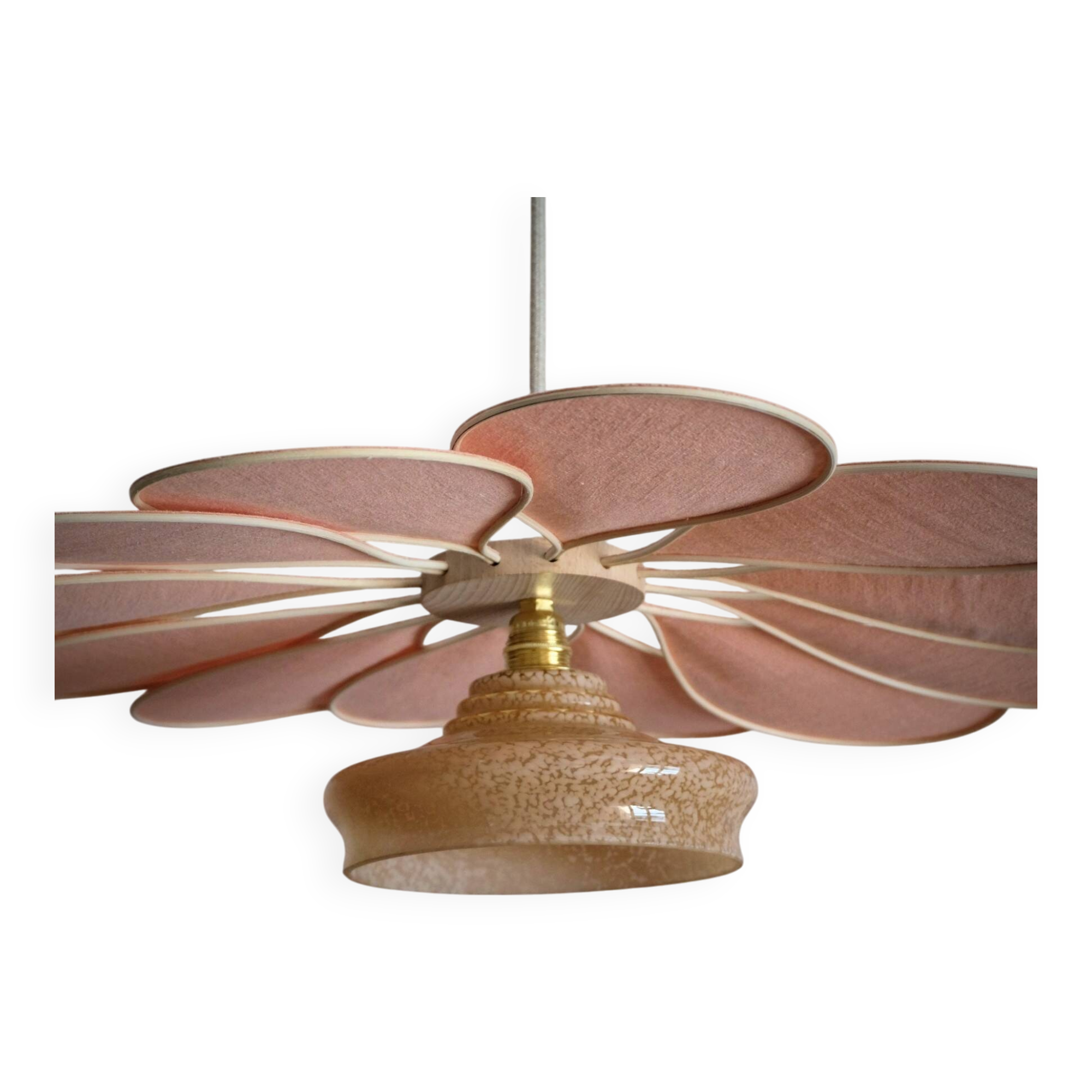 Rattan and Pink Linen Flower Pendant Light and Vintage Clichy Glass Globe