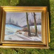 Vintage Winter Landscape with Birch Trees Oil Painting