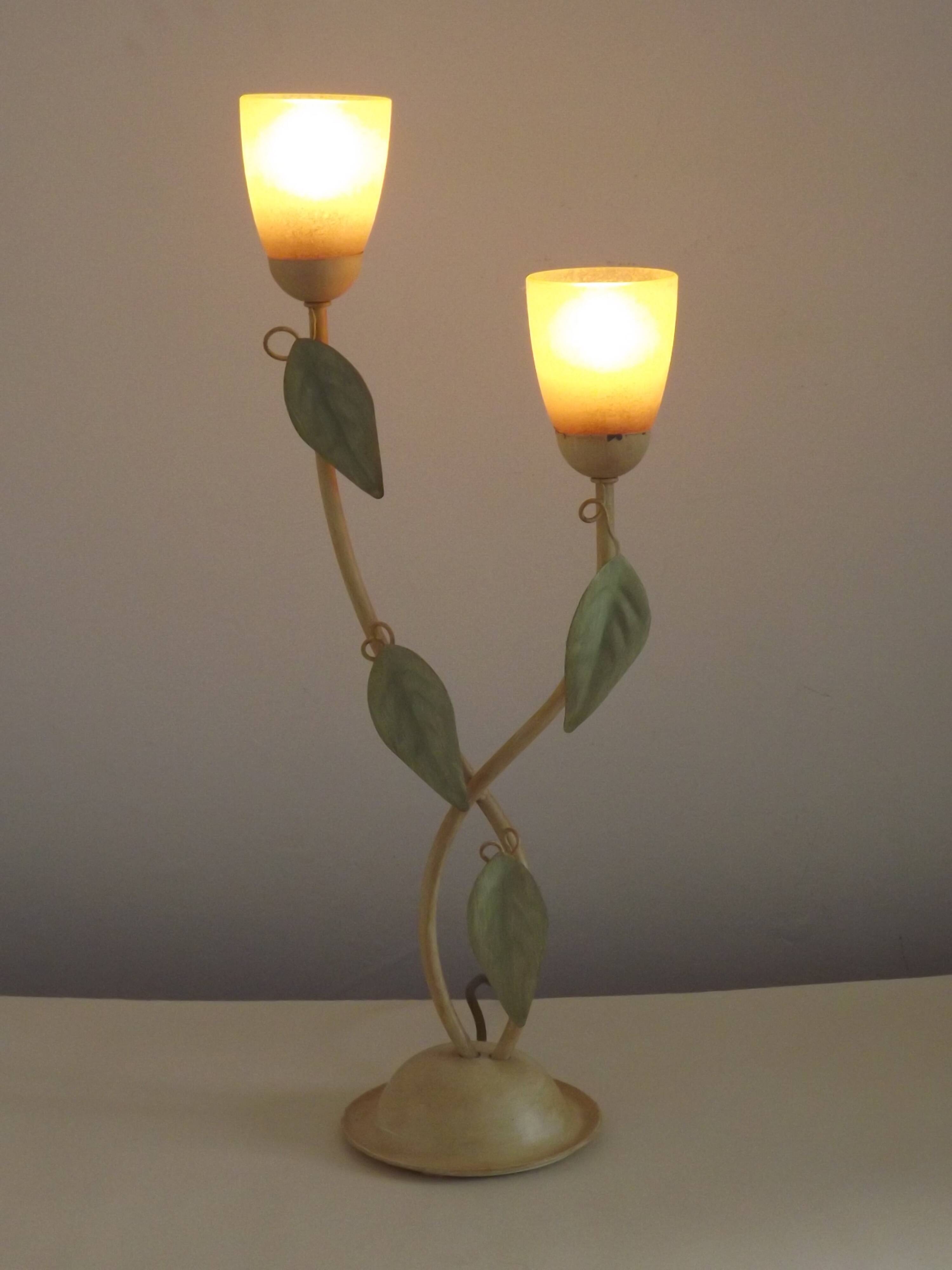 Vintage Italian Double Light Table Lamp Green Leaves Glass Shades