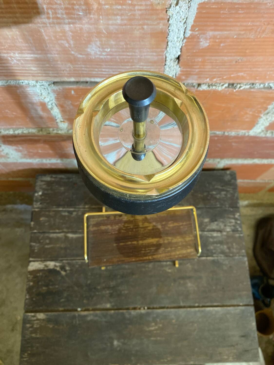 Brass Floor Ashtray + Wooden Shelf + Vintage Black Metal Ashtray