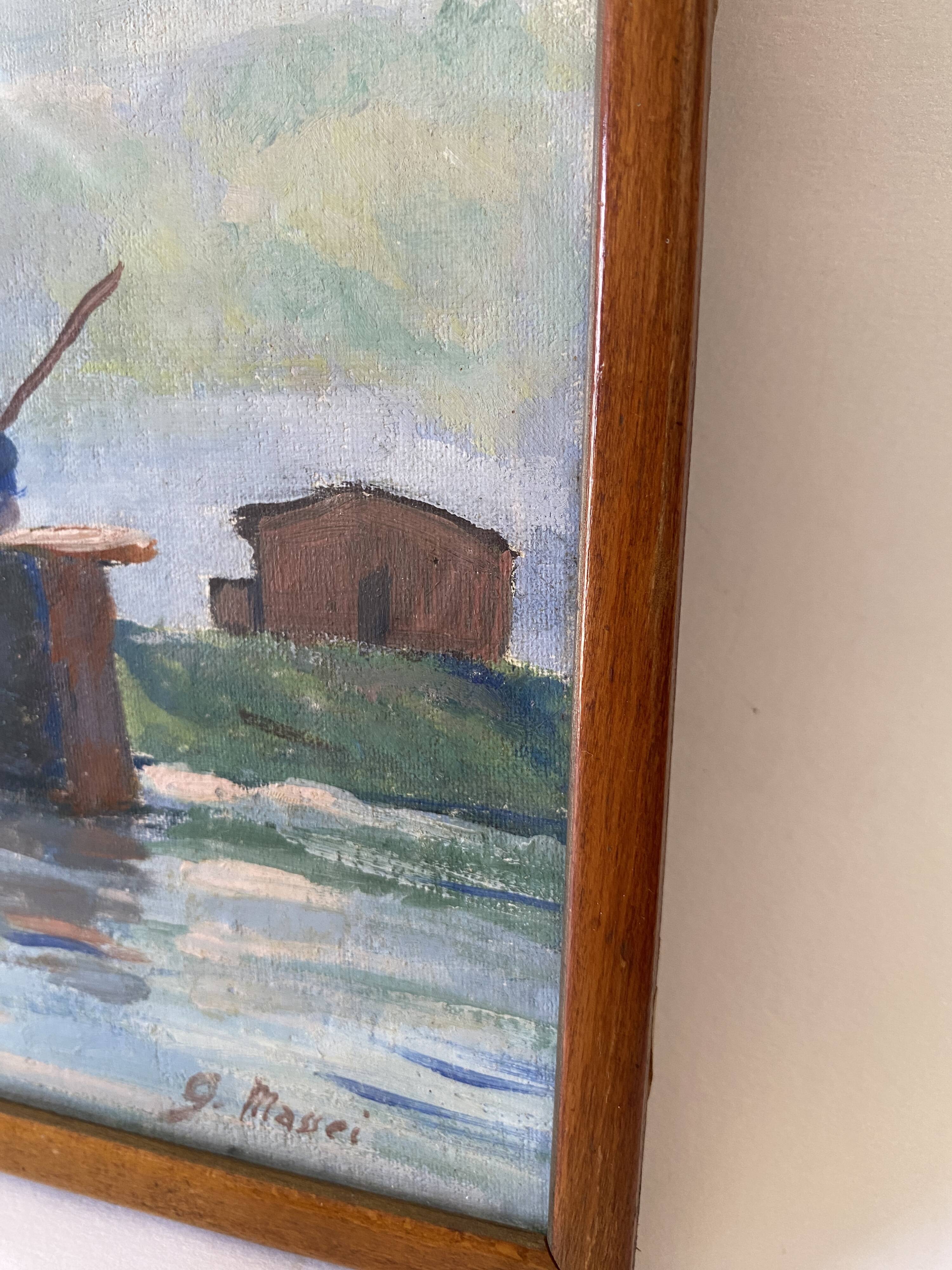Oil on canvas under glass “Venetian lagoon fisherman”