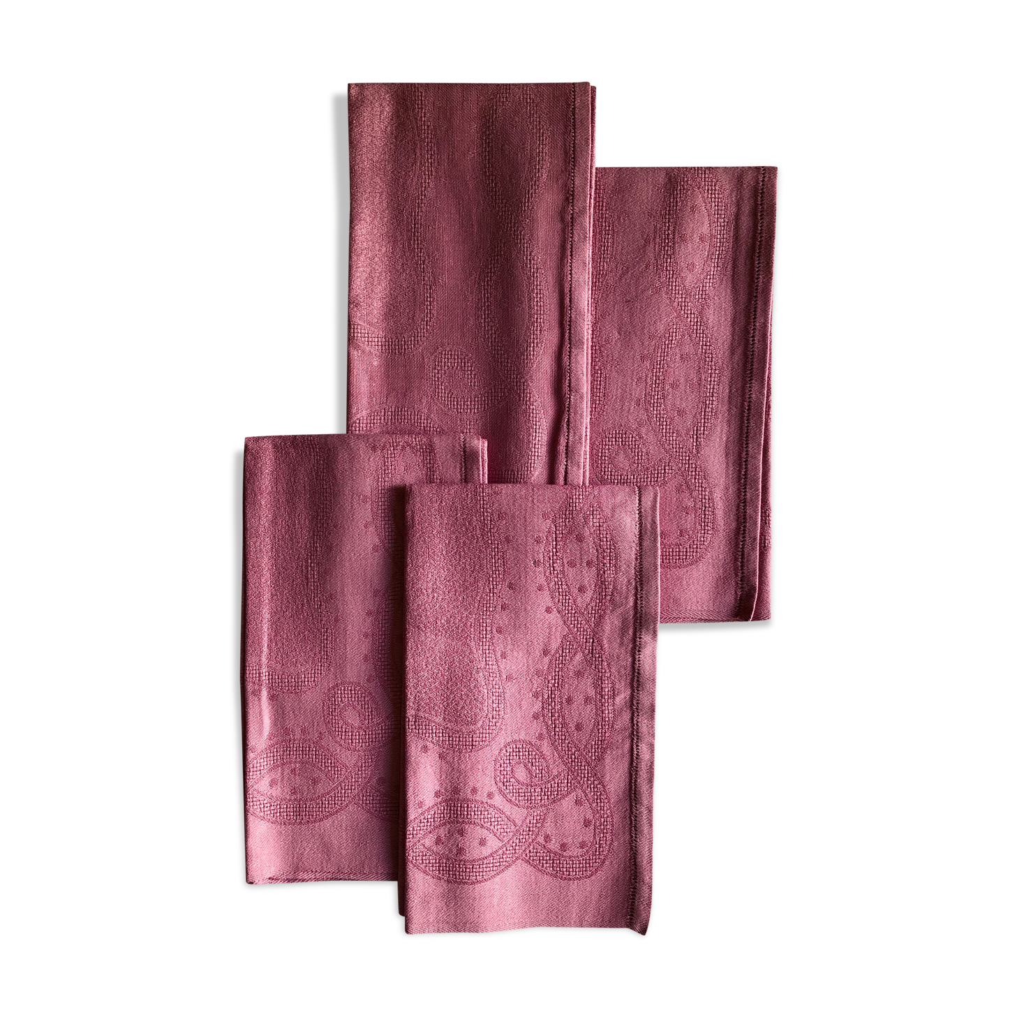 Set of four old damasked towels dyed cyclamen