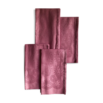 Set of four old damasked towels dyed cyclamen