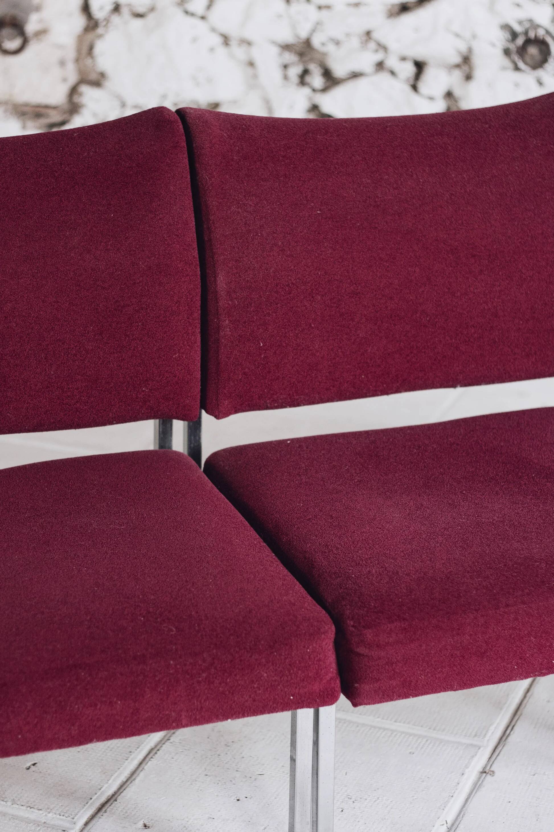 Set of 4 modernist burgundy armchairs, 1970.