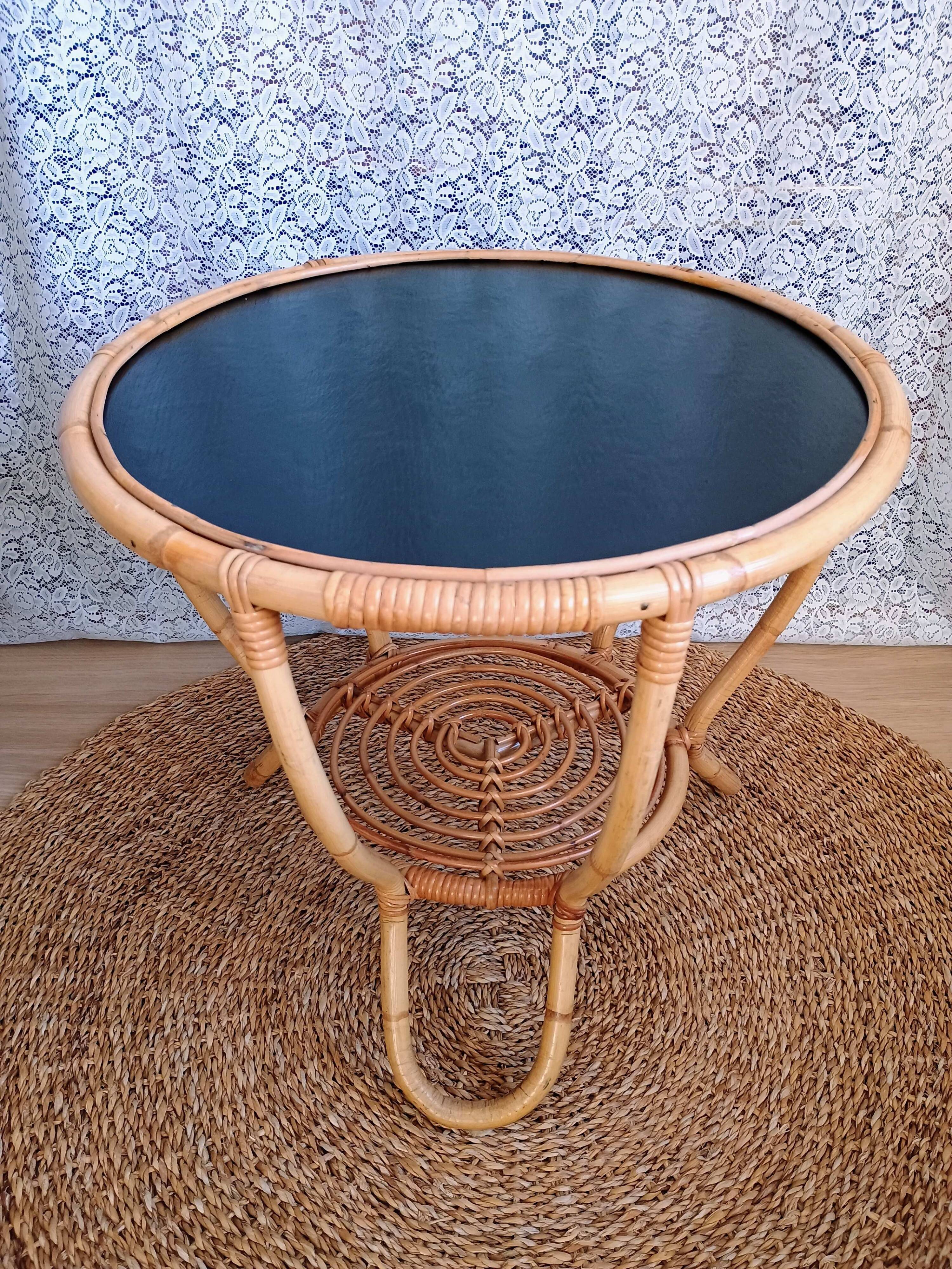 Round vintage rattan coffee table