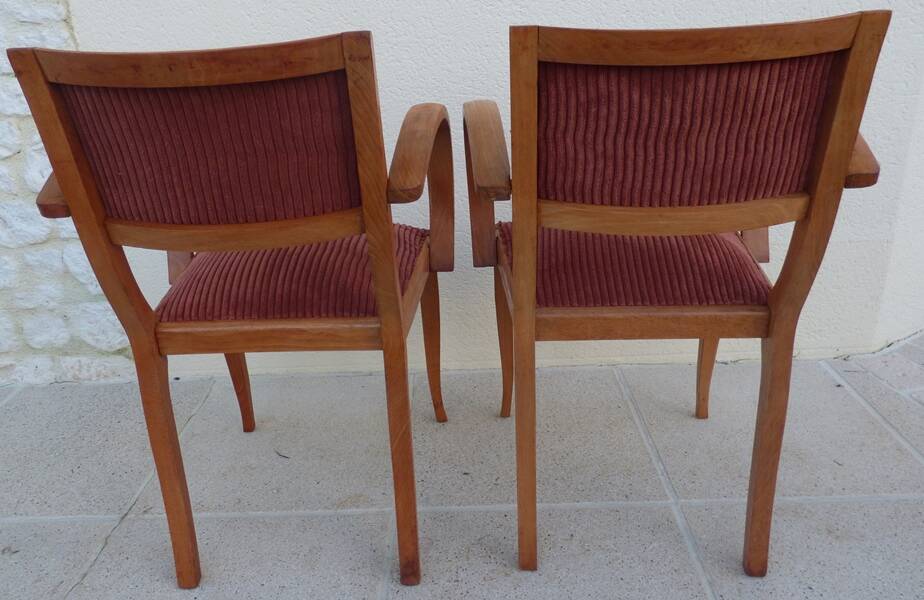 2 Chic 50s Bridge Armchairs Completely Refurbished in Solid Wood with Rust Velvet Seat