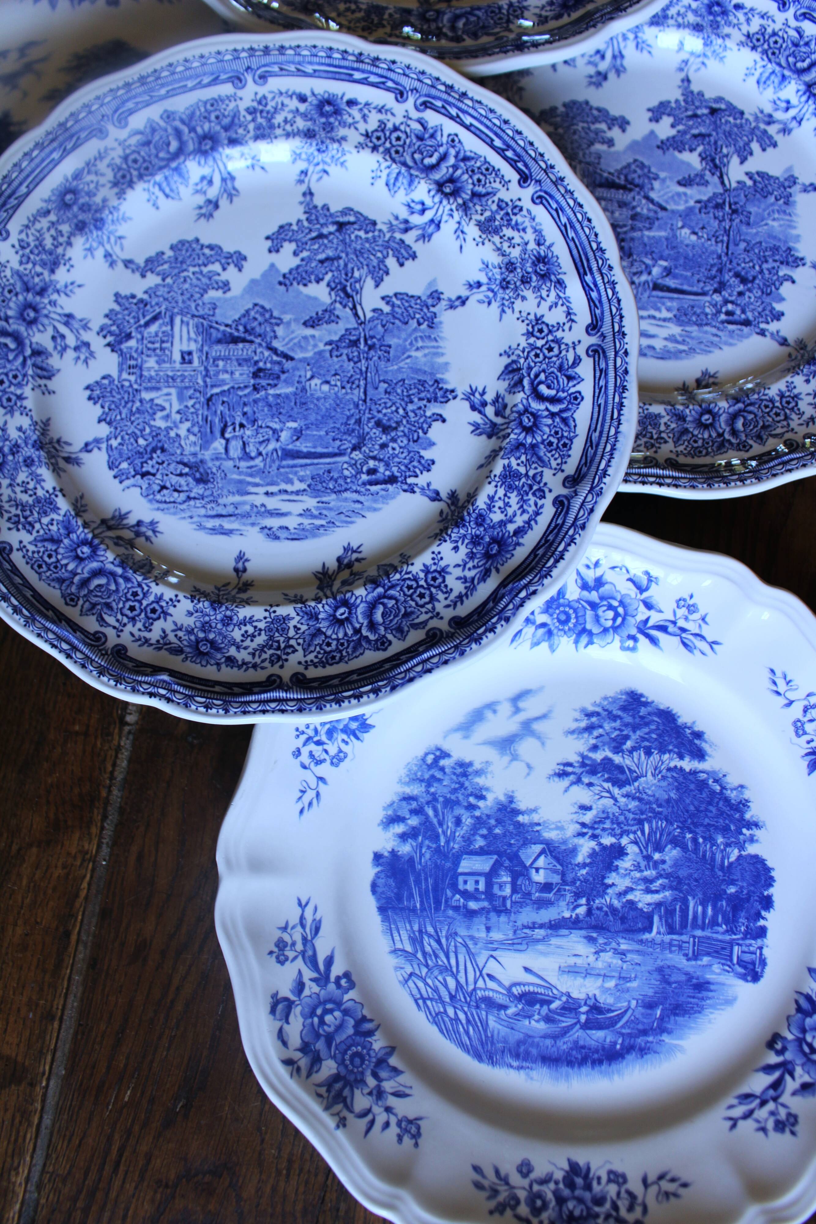 6 romantic blue Lunéville Sarreguemines dinner plates