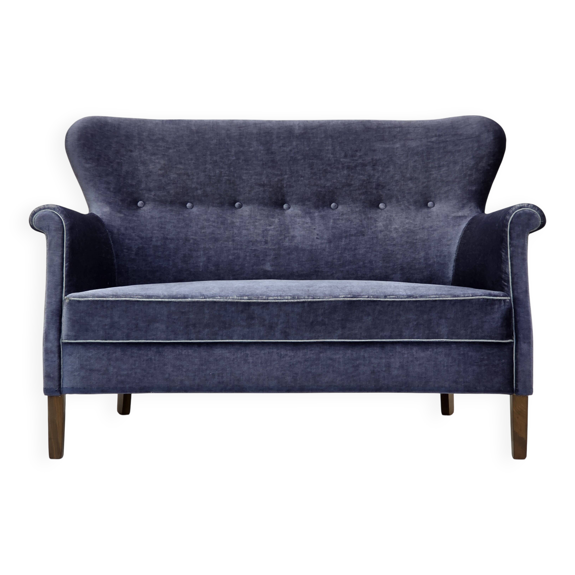 1960s, Danish 2-seater sofa, original blue furniture velour, beech wood.
