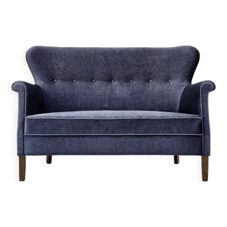 1960s, Danish 2-seater sofa, original blue furniture velour, beech wood.