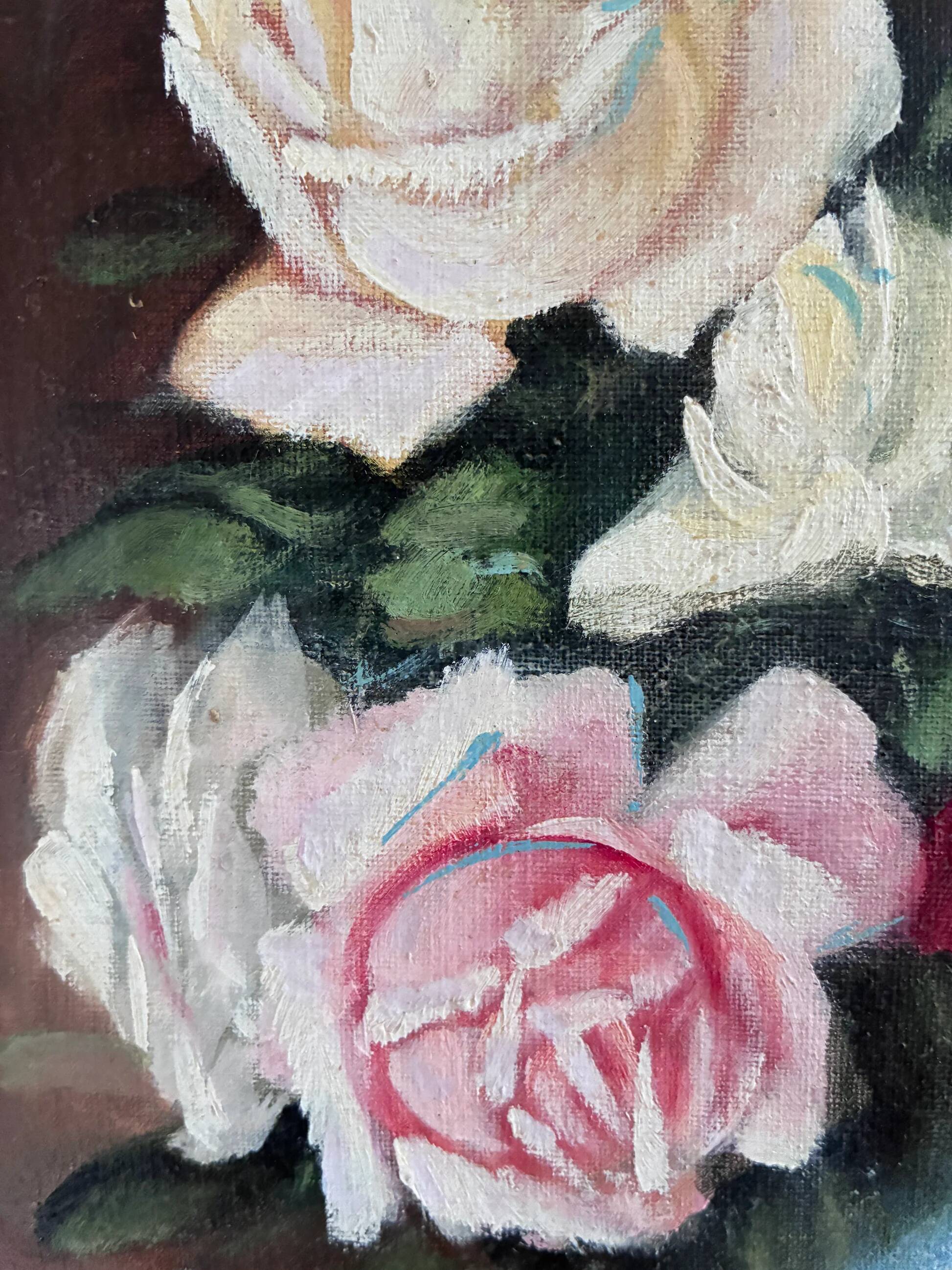 Vintage original floral rose oil painting, signed flower art