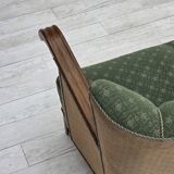 Canapé danois 3 places des années 1950, tissu en laine d'ameublement vert/beige, bois de chêne.