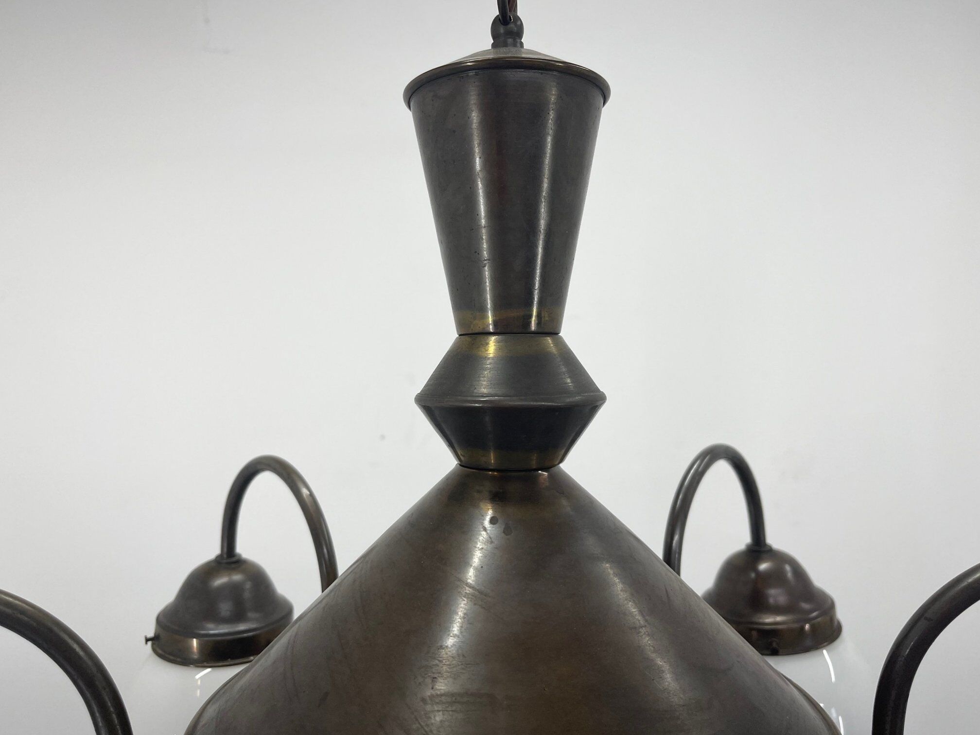 Art deco metal and milk glass chandelier, 1930's