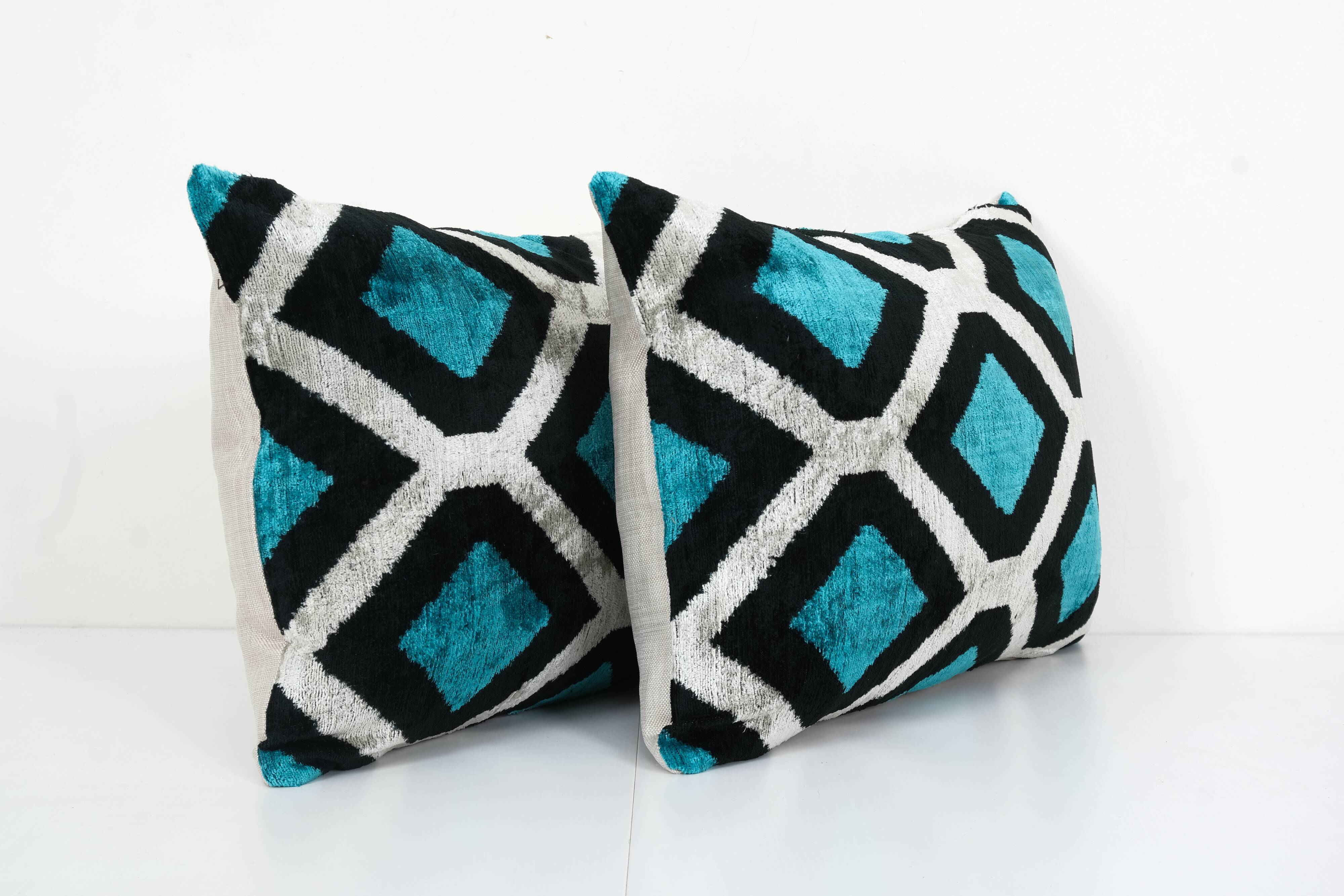Blue silk ikat velvet pillow covers