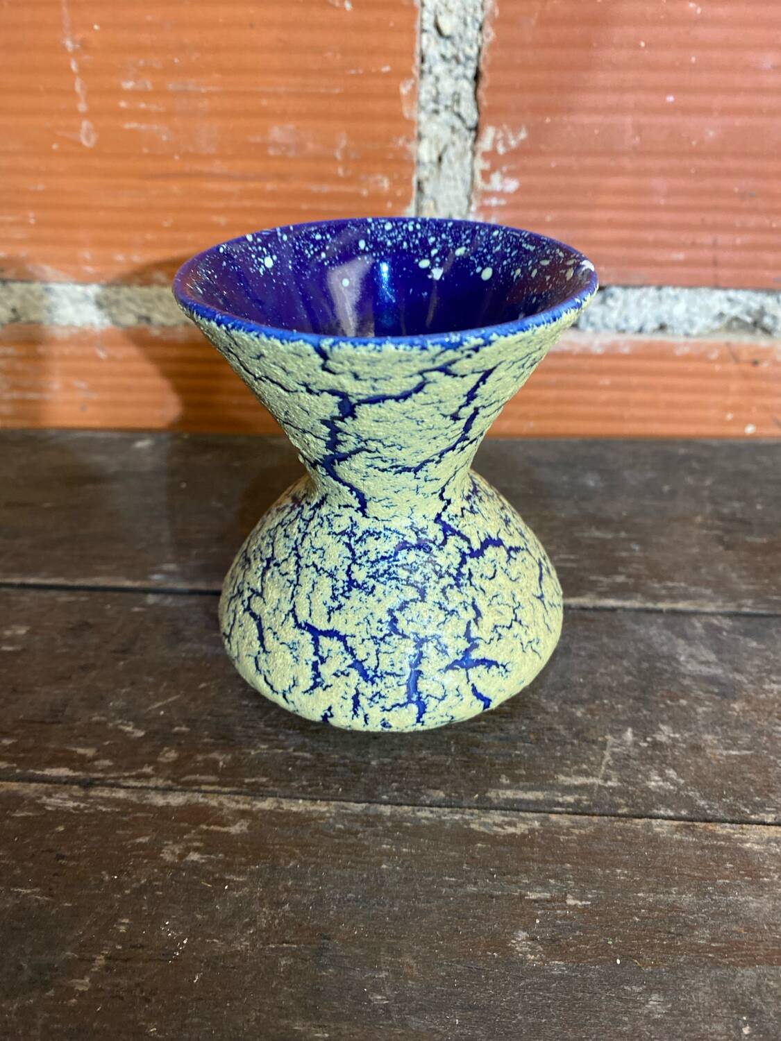 Vintage White Blue Ceramic Snowy Stoneware Vase France #D559