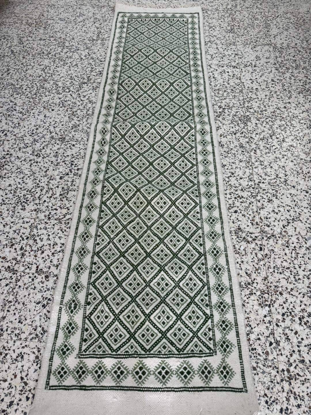 Handmade green and white margoum hallway rug in natural wool
