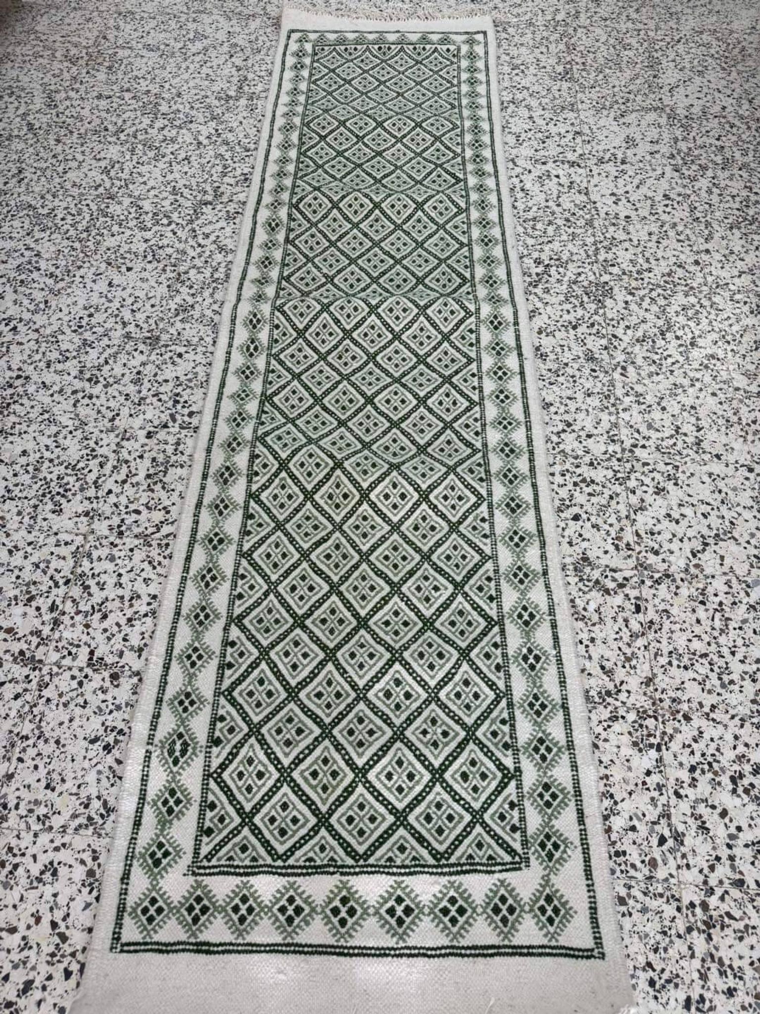 Handmade green and white margoum hallway rug in natural wool