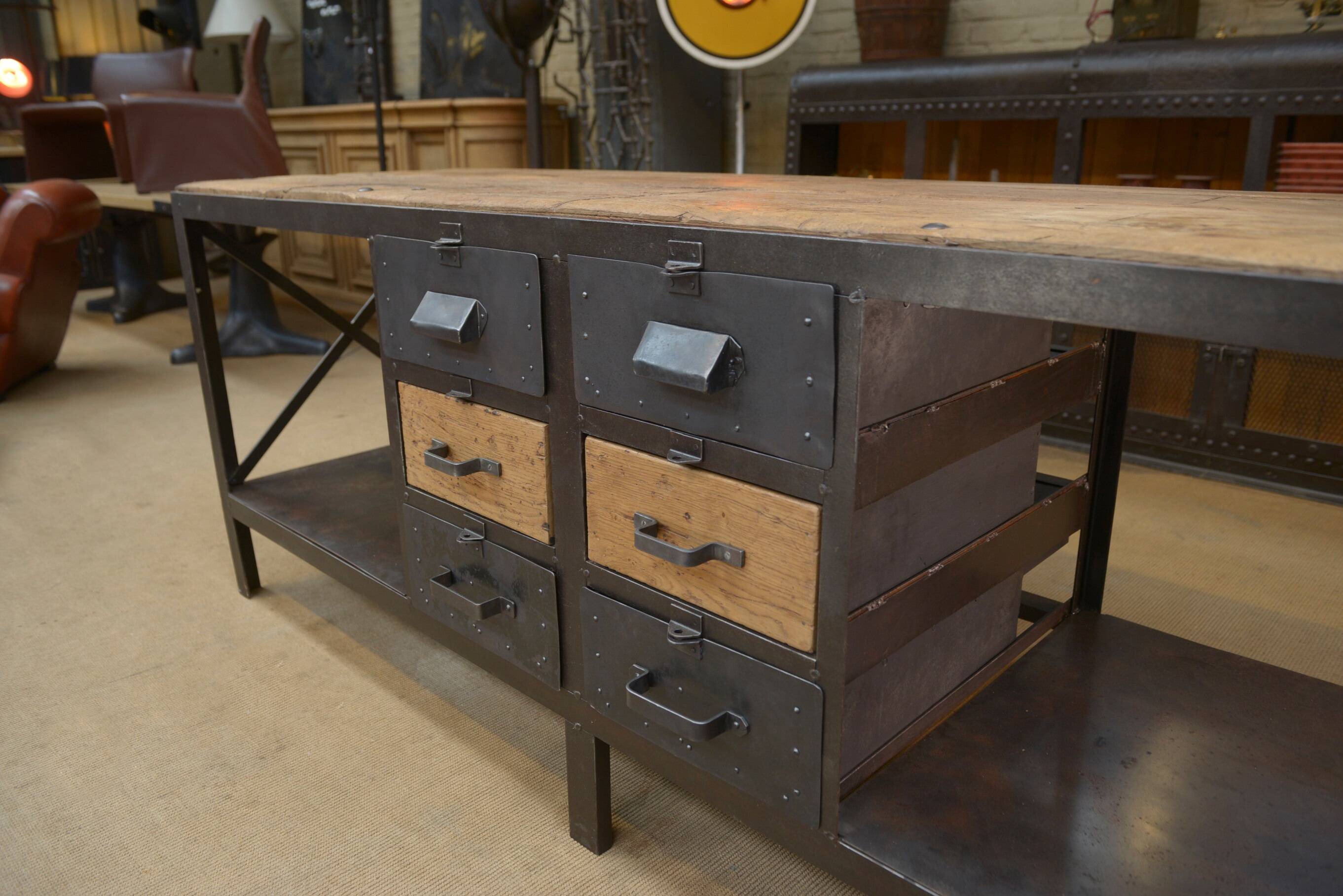 Industrial sideboard from metal and wood factory 1950