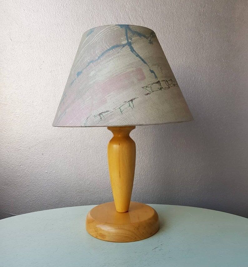 Wooden table lamp with fabric lampshade 1980