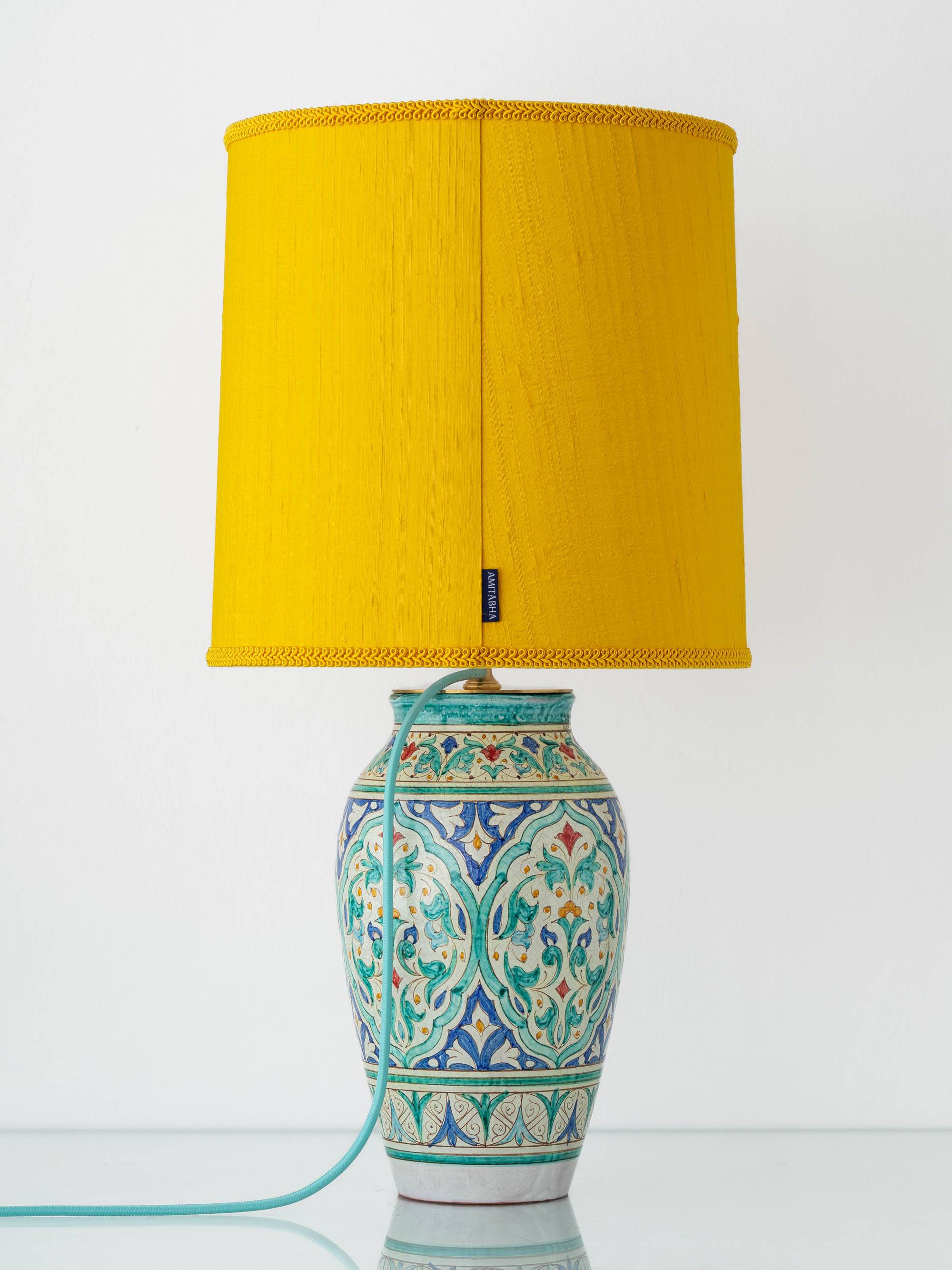 Spanish Moorish ceramic table lamp, new saffron silk shade.