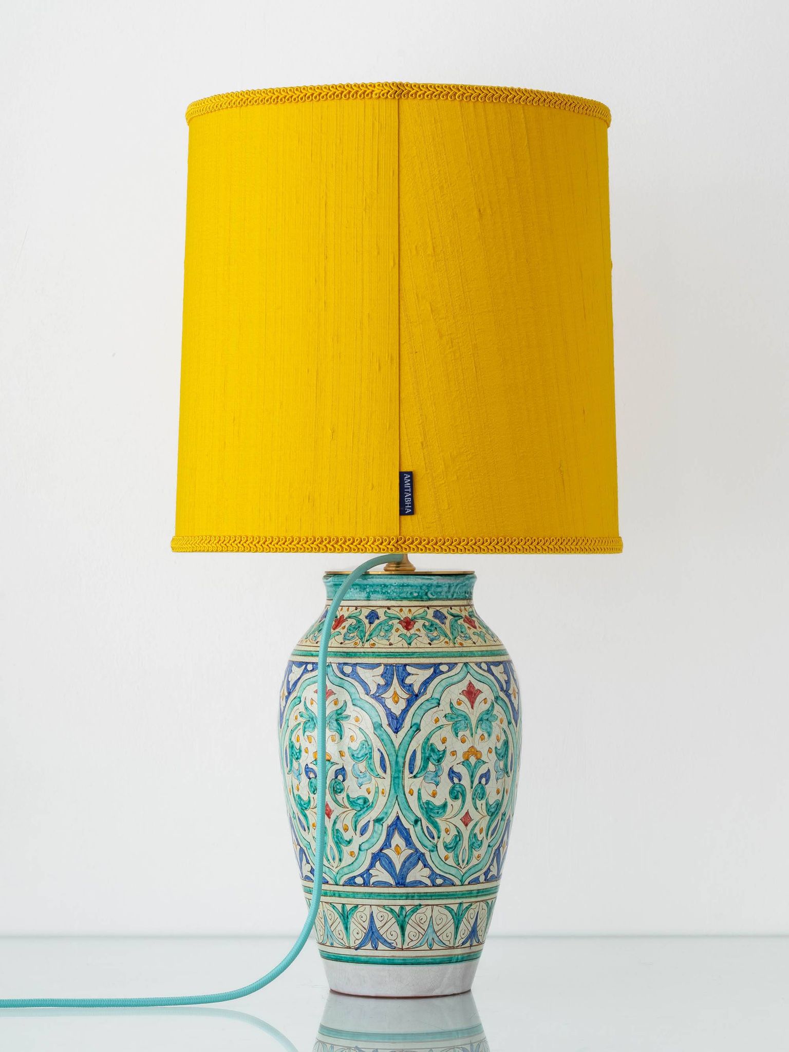 Spanish Moorish ceramic table lamp, new saffron silk shade.