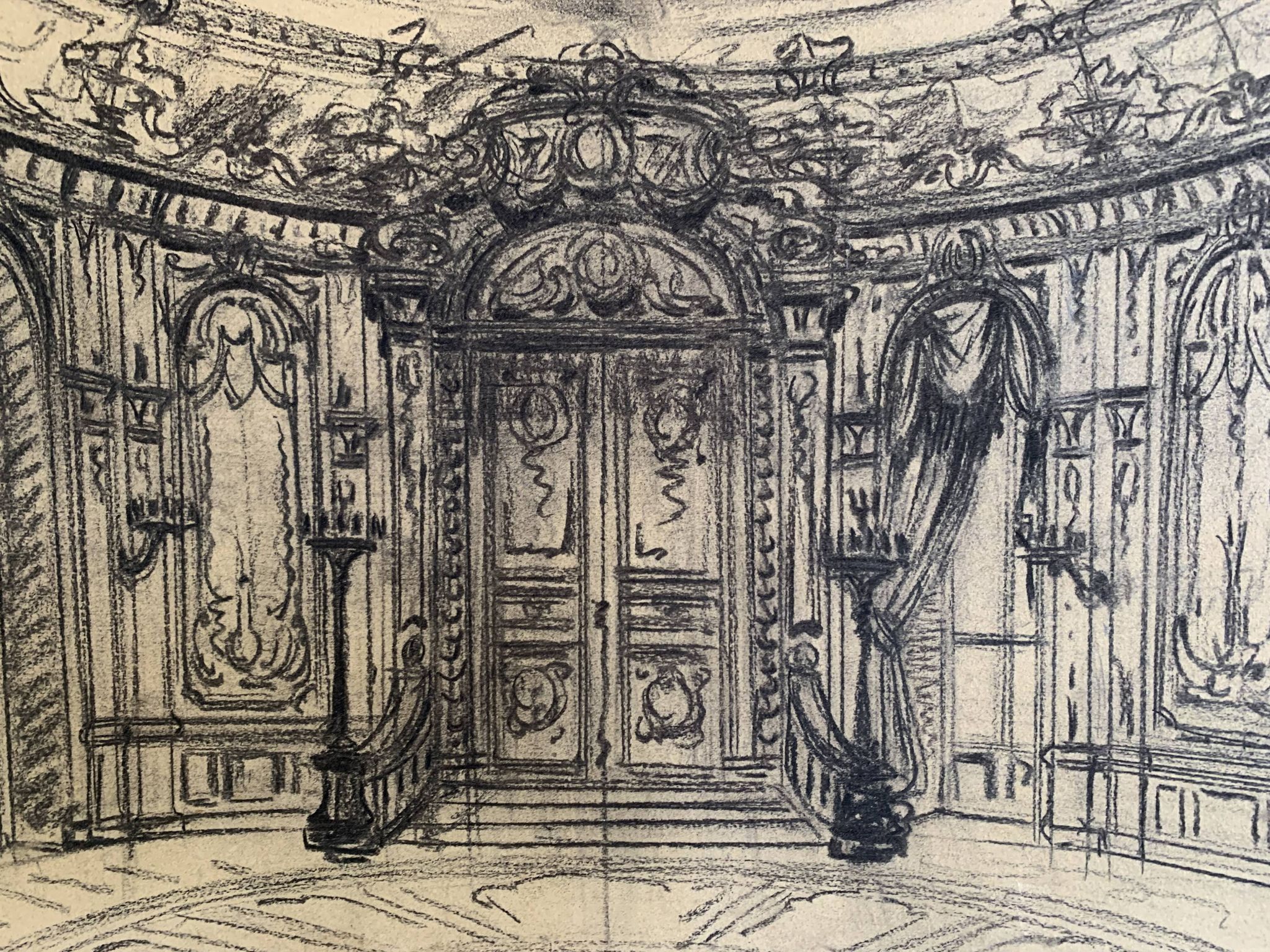 Salon parisien du 19e siècle, grand dessin original encadré