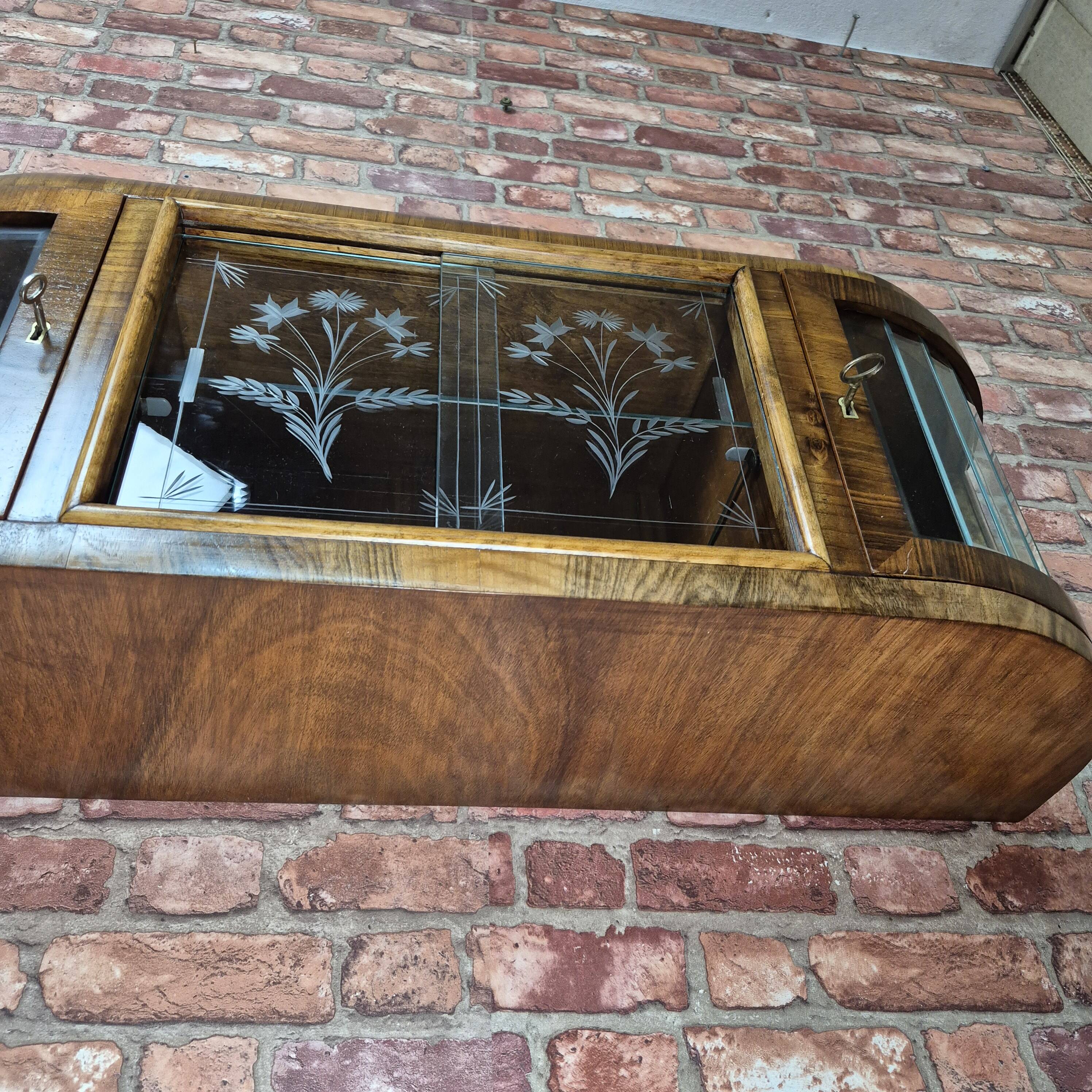 Upcycled Art Deco Walnut Wall Cabinet with Engraved and Slatted Glass - 193