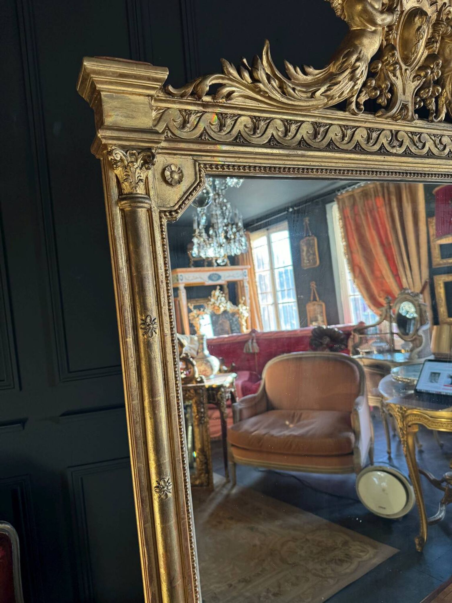 Napoleon iii period fireplace mirror in golden wood with putti decor - 19th century