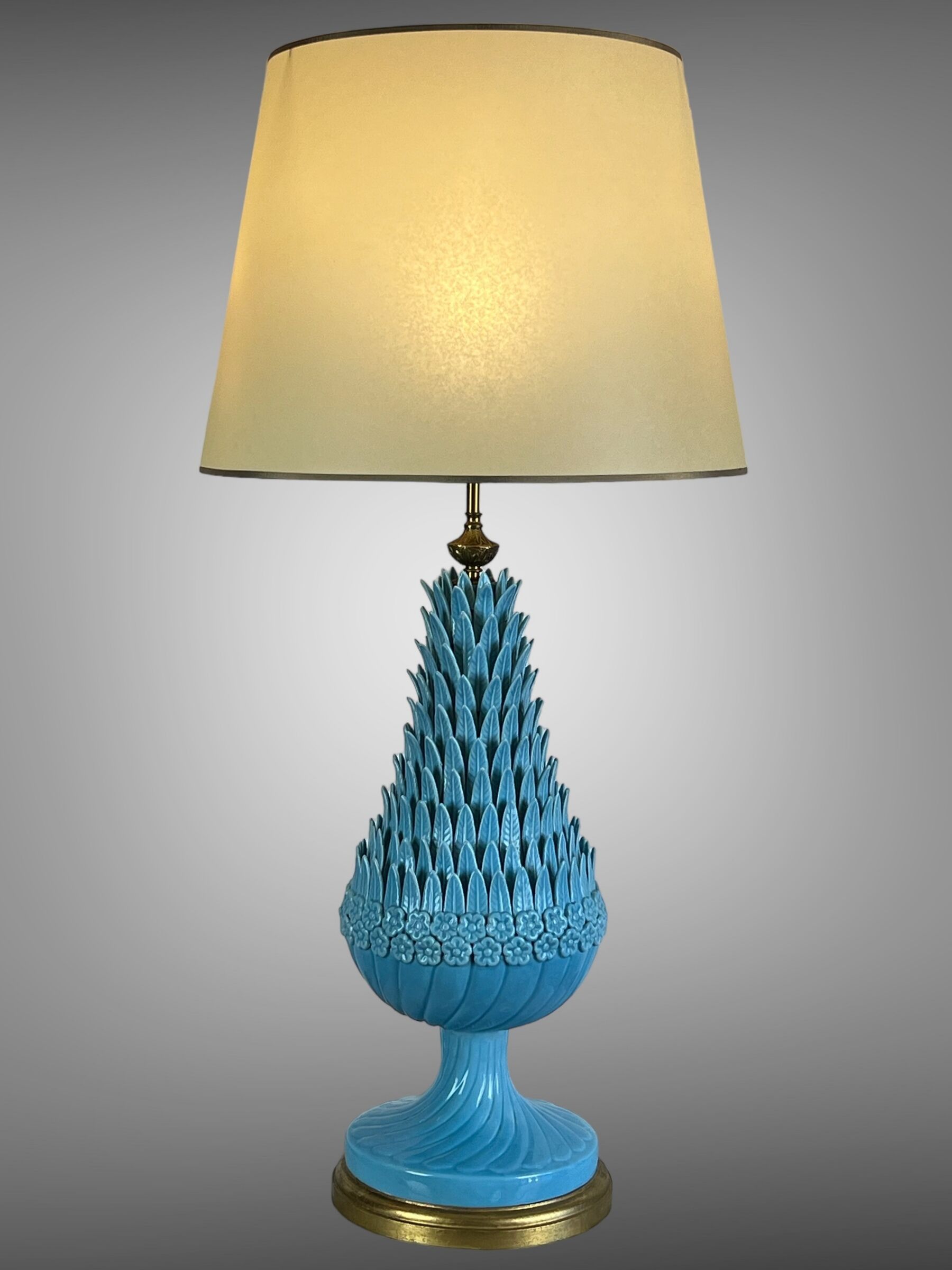 1.05 m pineapple lamp in turquoise ceramic on a gilded wooden base from the 1950s