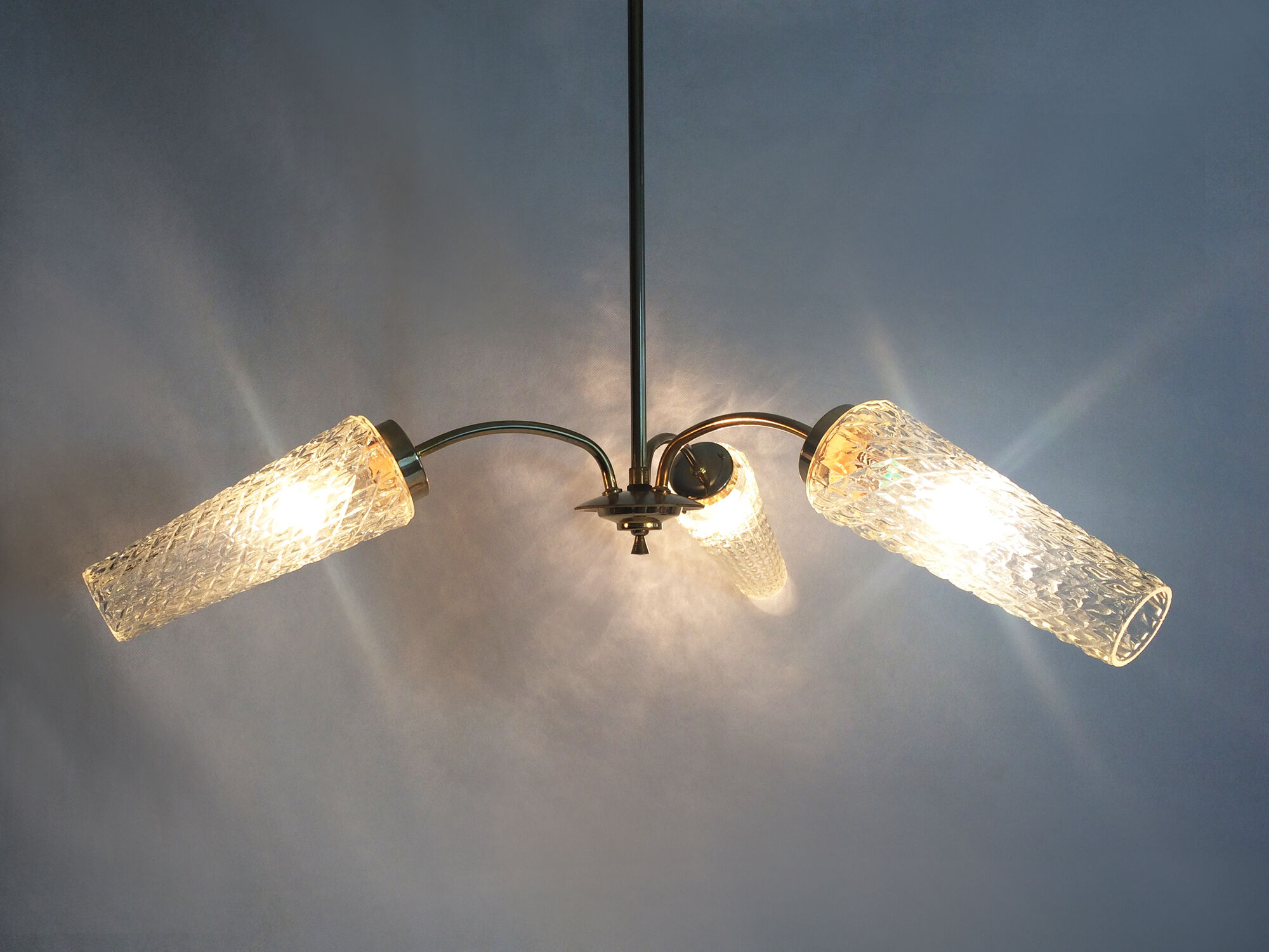 Old 3-branched chandelier, brass and chiseled glass tubes, 60s