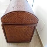 Vintage storage chest - curved - woven rattan - 1970s - mahogany colour